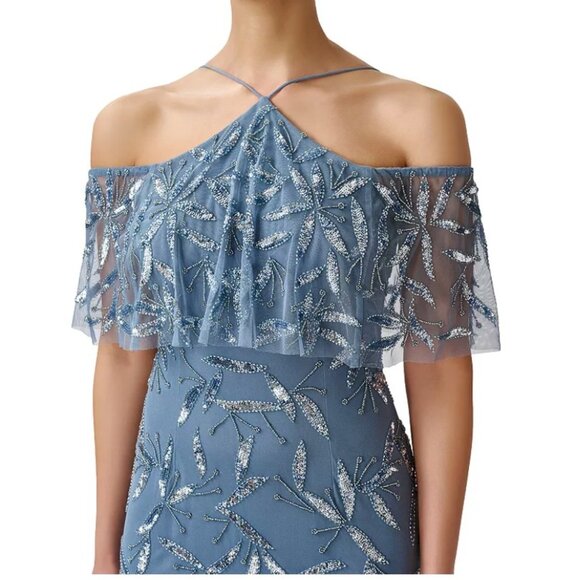 Aidan Mattox Blue Silver Beaded Sequin Off the Shoulder Halter Gown Size 2 NEW - Picture 3 of 7